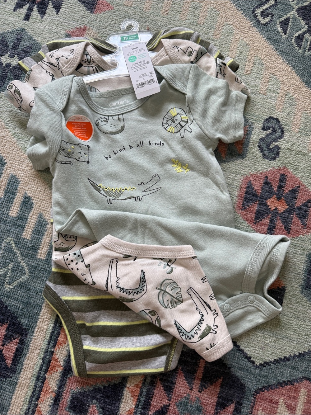 Carter's Sage Green and Cream Animal Graphic Bodysuit Trio